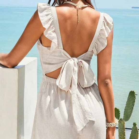 Beige Casual Womens Tie Backless Ruffle Trim Romper - Picture 1 of 5